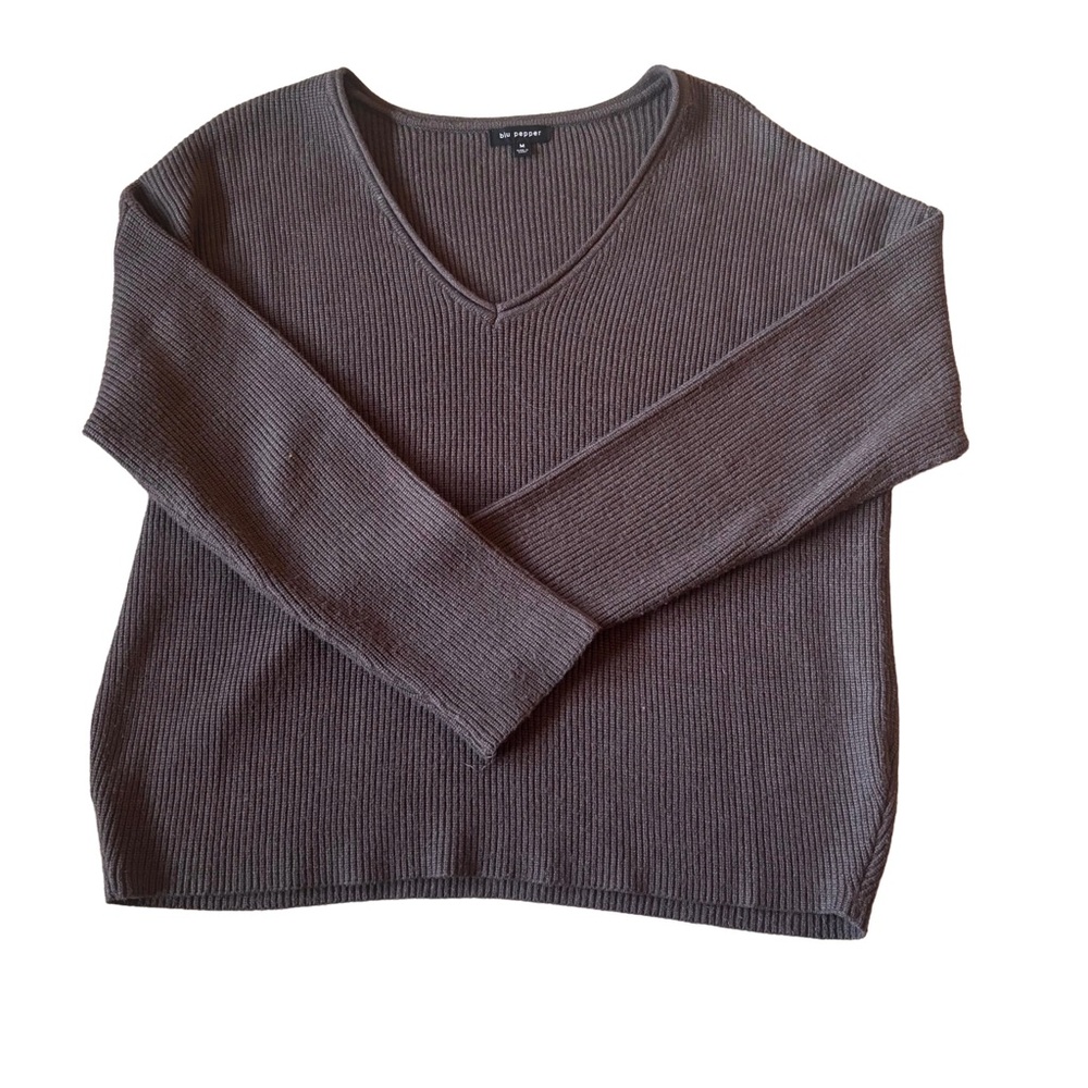 Blu Pepper Dark Grey Ribbed V-Neck Medium Oversized Pullover Sweater